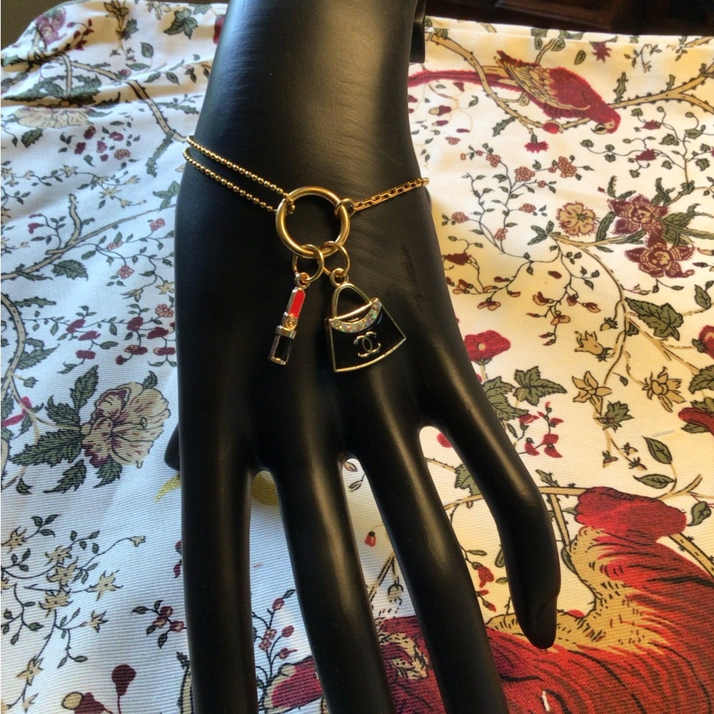 ✨ Mixed Charm Bracelet – Stamped Designer Bag Charm + Lipstick Accent ✨